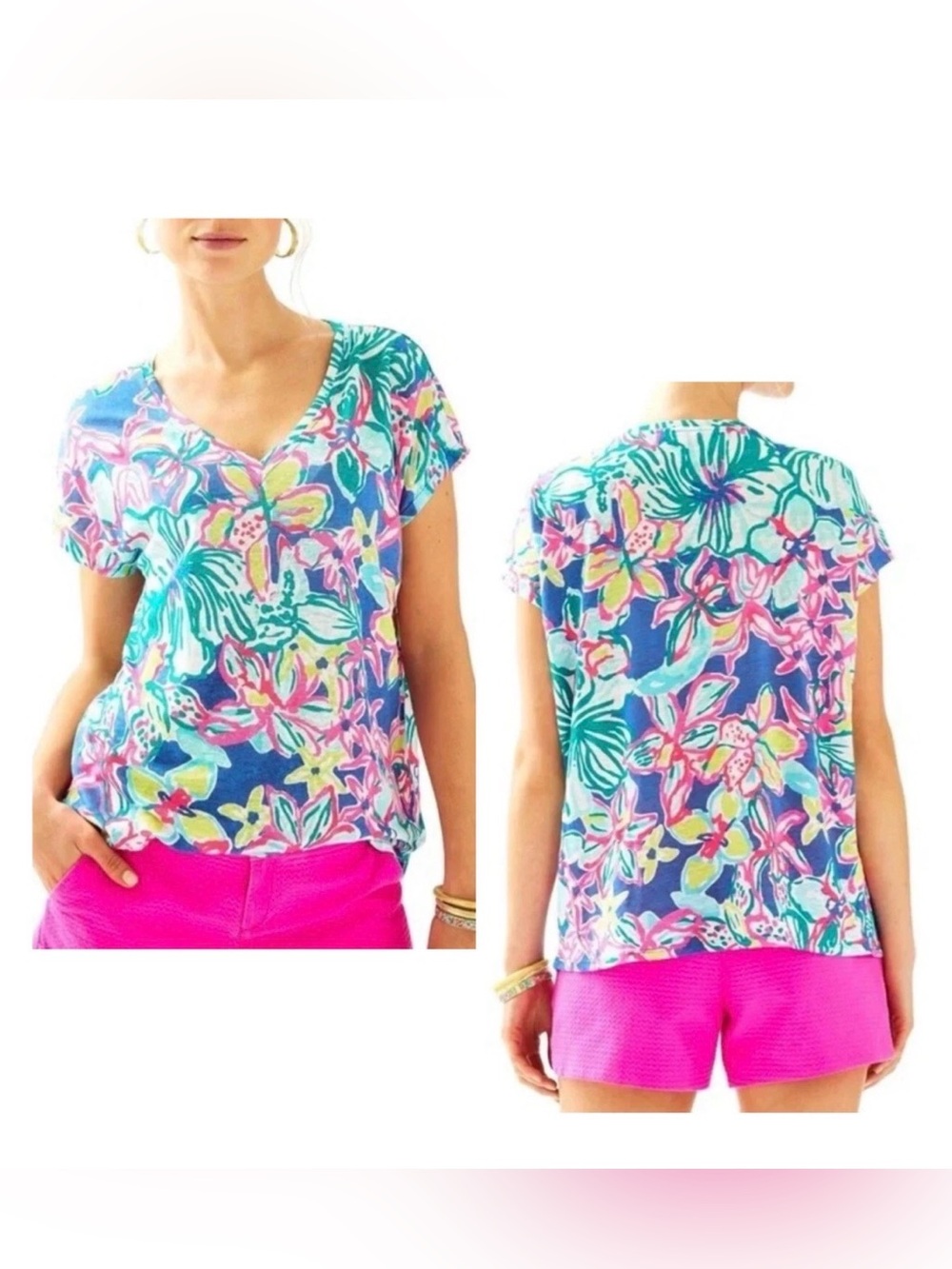 Lilly Pulitzer 100% linen hartwell boxy tee in Iris Blue Casa Azul floral print